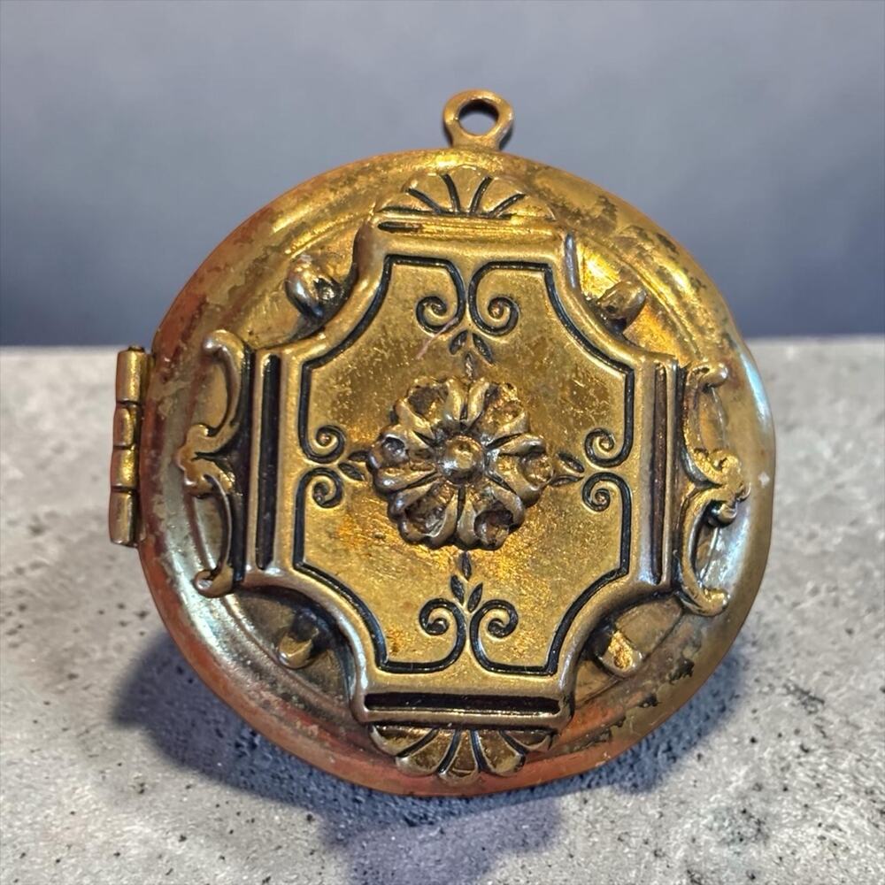 Ornate Brass Locket Pendant Victorian Revival Floral Round Photo Locket